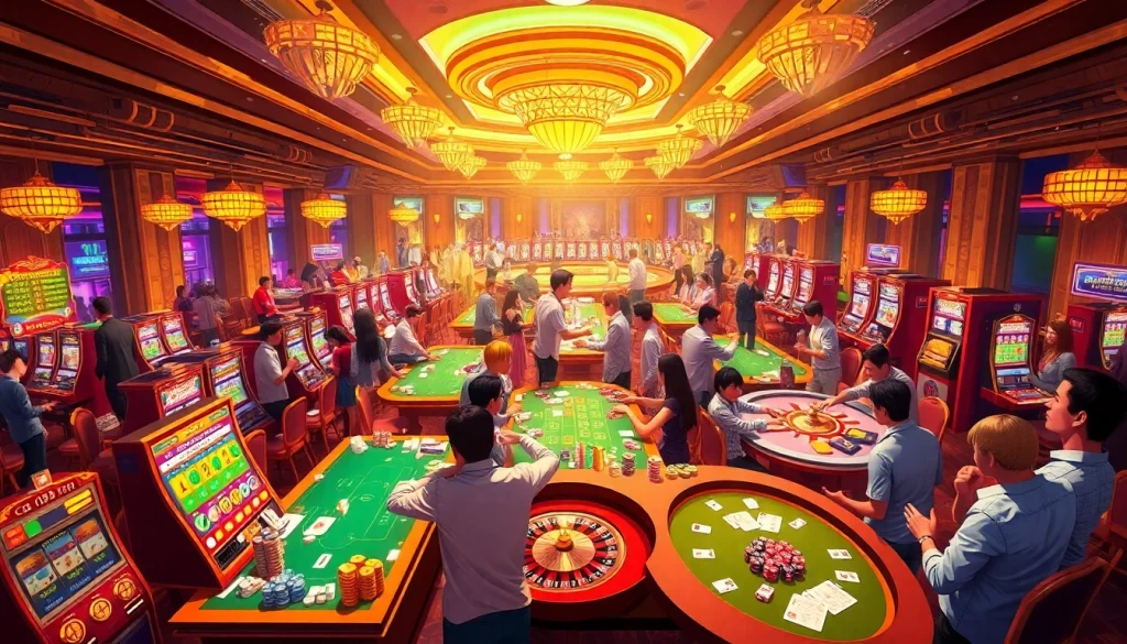 Exciting casino scene showcasing players at tables, emphasizing 999bet's thrilling gambling experience.