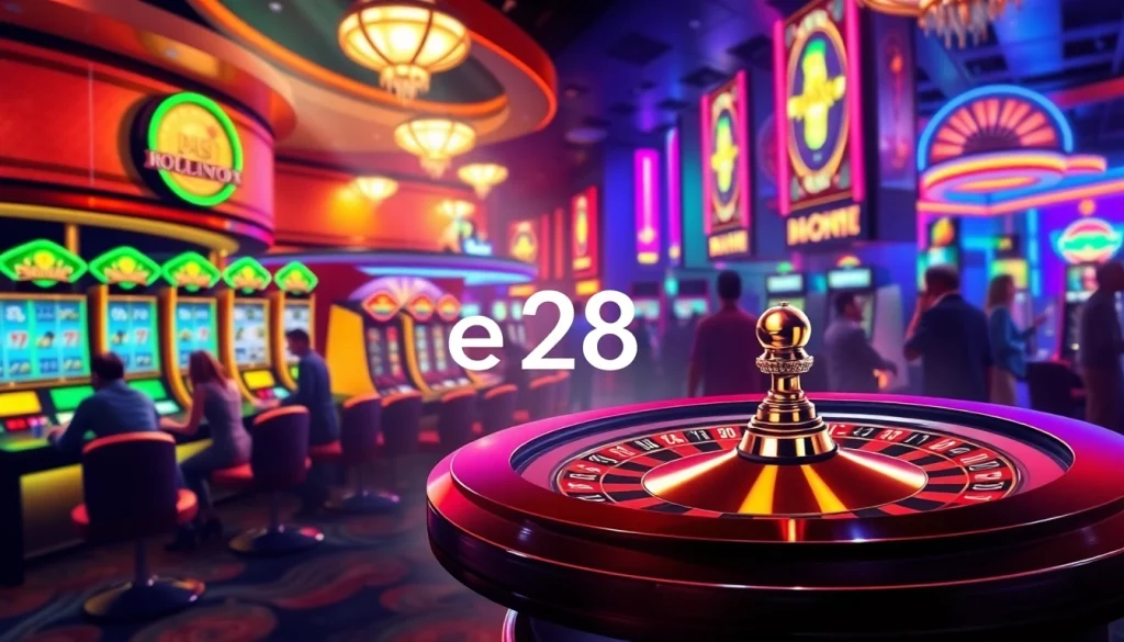 Exciting scene of a roulette table at a casino, with players engaged, featuring the keyword e28 elegantly integrated into the design.