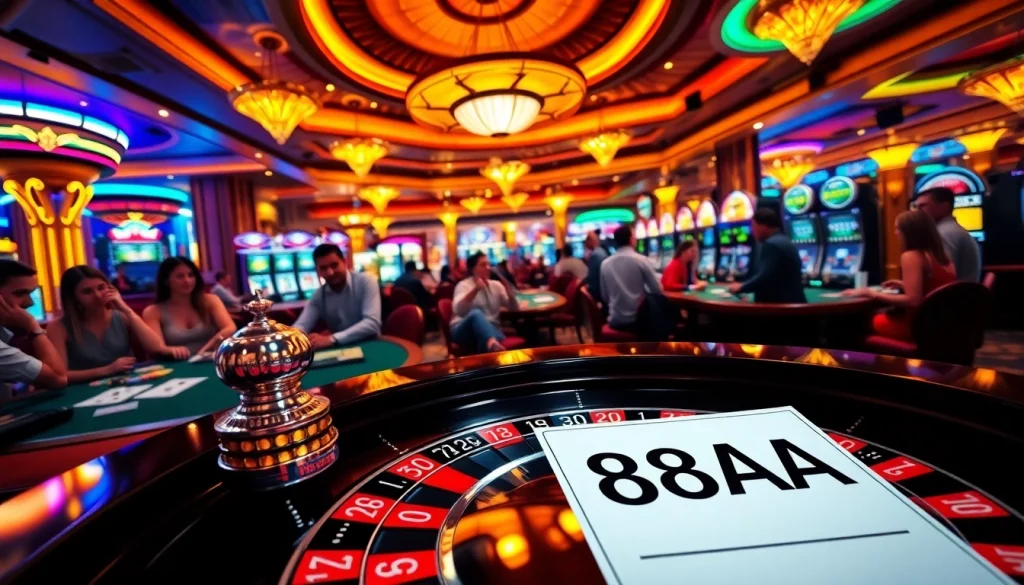 Thrilling casino atmosphere featuring vibrant gambling scenes and 88AA betting slips in action.