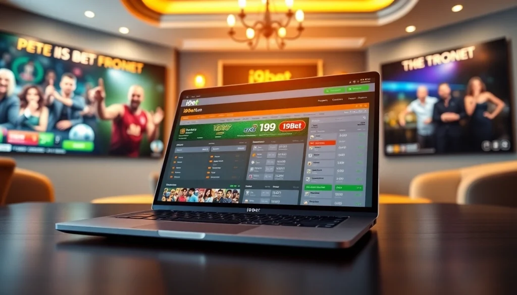 Engaging i9bet interface displayed on a modern laptop set in an exciting gaming environment.