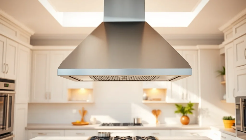 Showcase of an island cooker hood in a stylish kitchen environment with natural light.