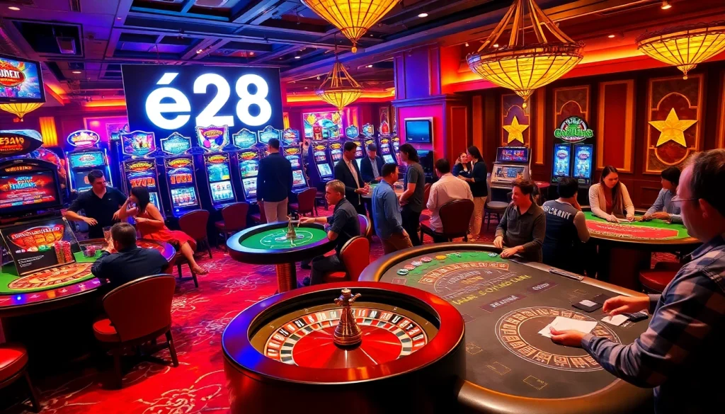 Exciting casino scene showcasing players at a table with poker chips at e28, symbolizing the thrill of gambling.