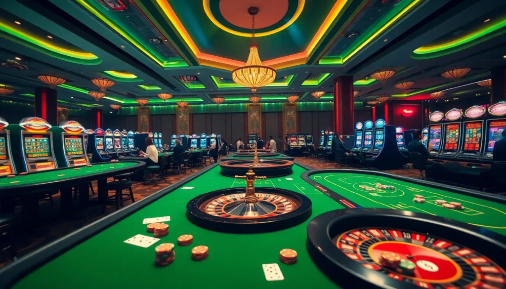Experience the excitement at nhà cái Typhu88 with gamblers engaged at roulette and poker tables.