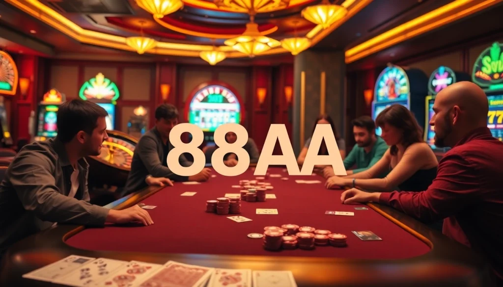 88AA betting slip at a lively casino table with players enjoying poker.