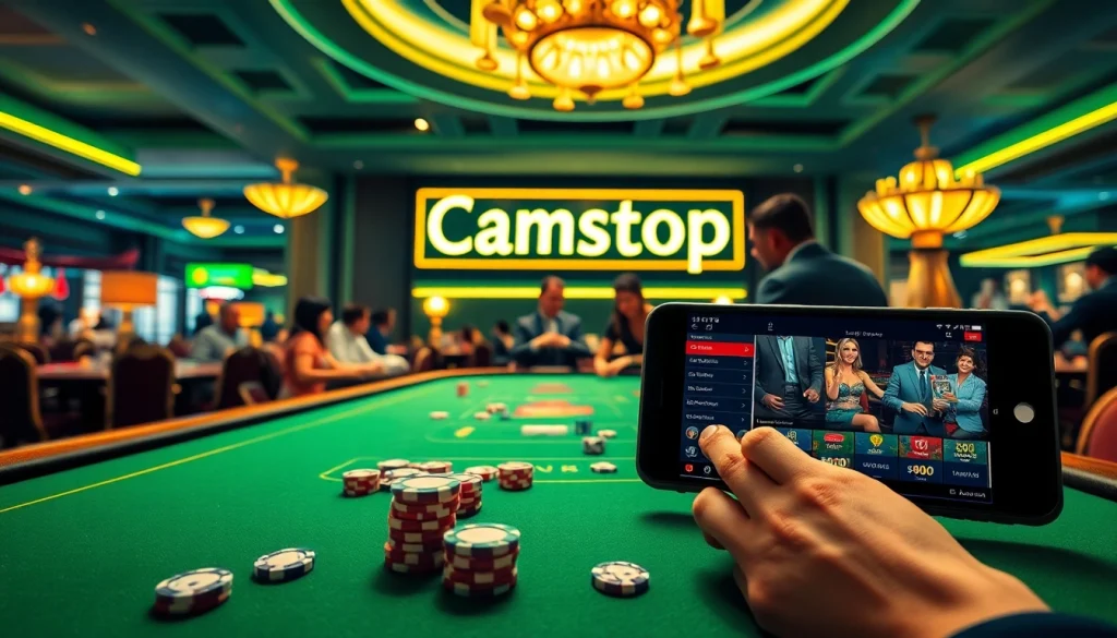 Players enjoying their time at UK gambling sites not on gamstop, surrounded by vibrant casino elements like poker chips and cards.