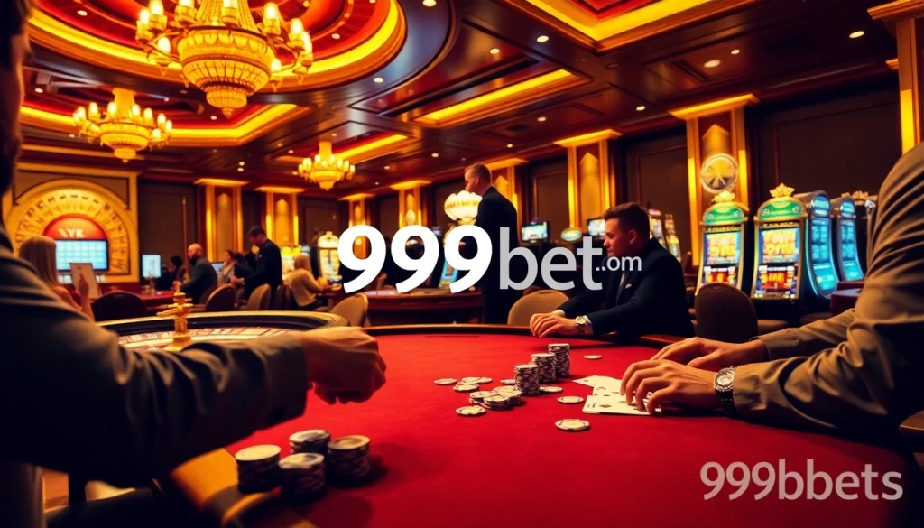Players engage in a thrilling poker game at 999bet com, surrounded by vibrant casino atmosphere and luxurious decor.