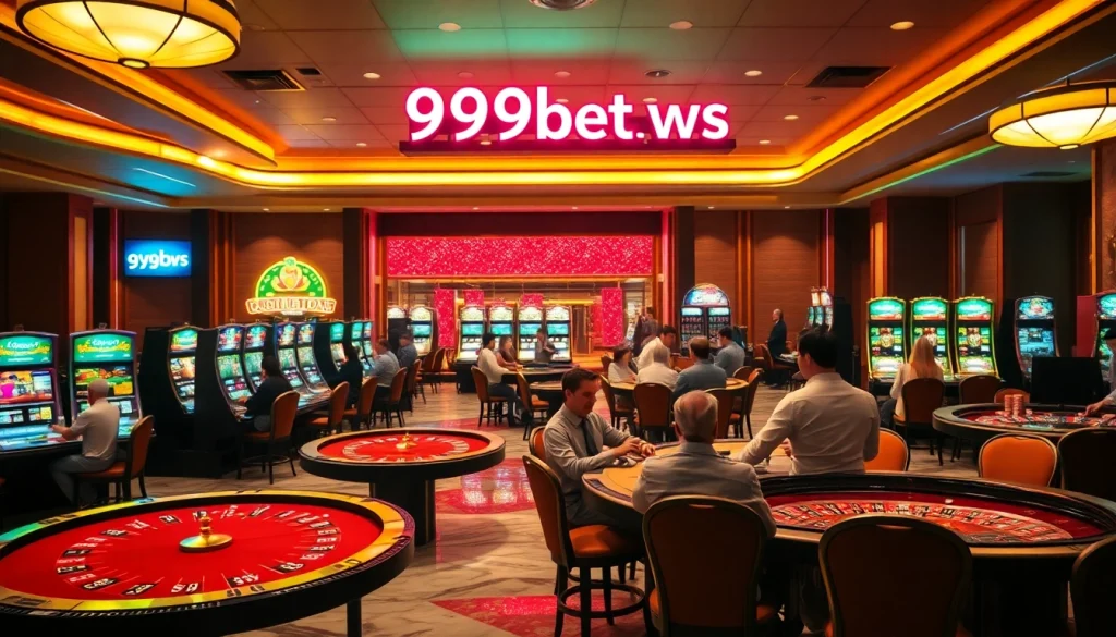 Gamblers enjoying the excitement of a casino at https://999bet.ws/, featuring tables and slot machines.