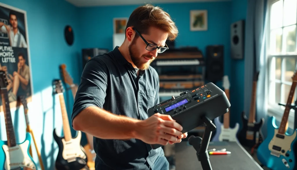 Engaging with the VG99.zip device in a music studio, emphasizing creativity and innovation.