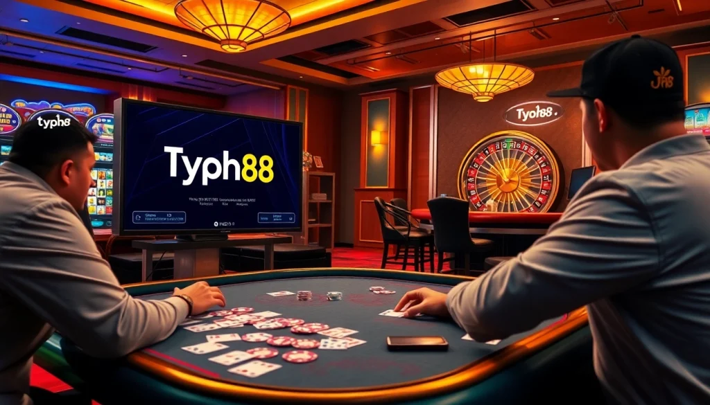 Experience the excitement of Typhu88 as players engage at casino tables, enjoying vibrant games and winning opportunities.