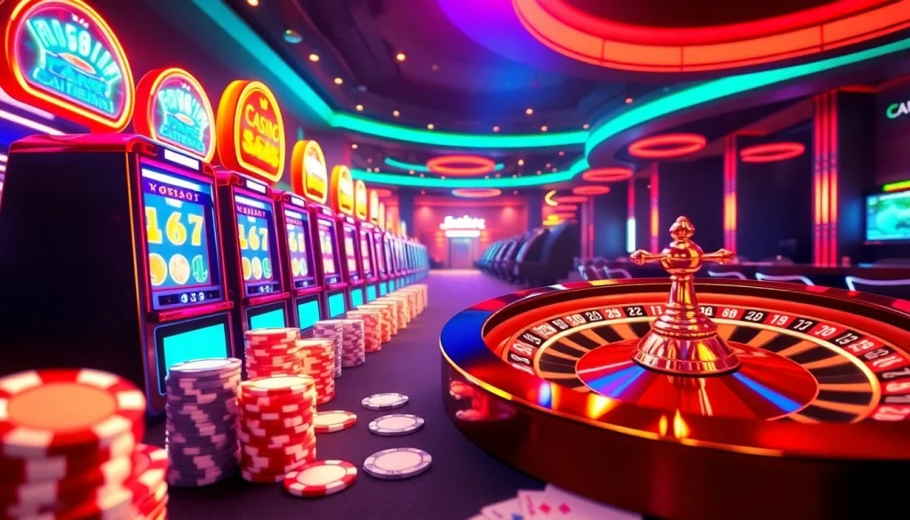 Experience excitement at https://vsbet.archi/ with a dazzling online casino scene showcasing vibrant slot machines and poker chips.