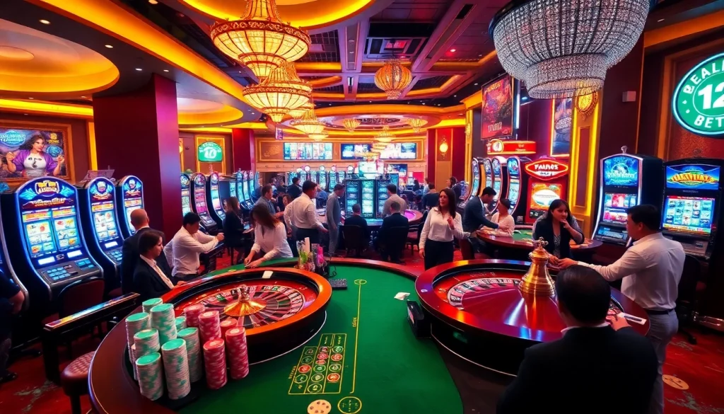 Experience the thrill of betting at nhà cái Vsbet with vibrant casino tables and colorful slot machines.