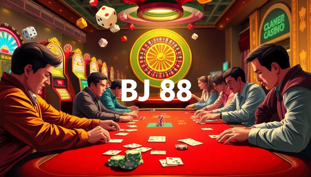 Experience the thrill of BJ 88 as players engage in a high-stakes poker game surrounded by vibrant casino elements.