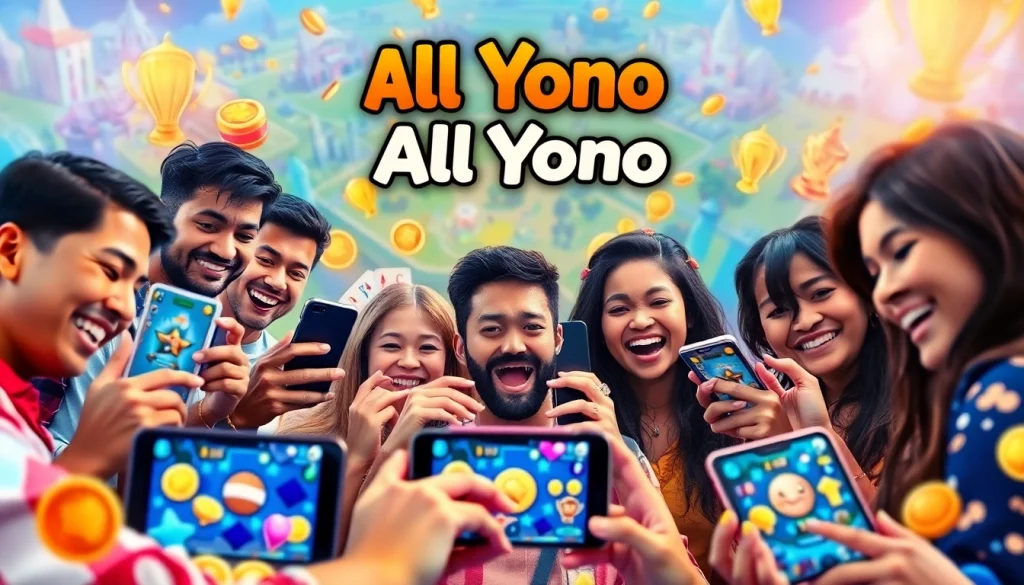 Engaging scene of friends enjoying All Yono games, celebrating victories in a vibrant digital environment.