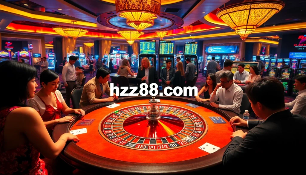 Exciting scene at hz88 com's casino floor featuring players at a roulette table.