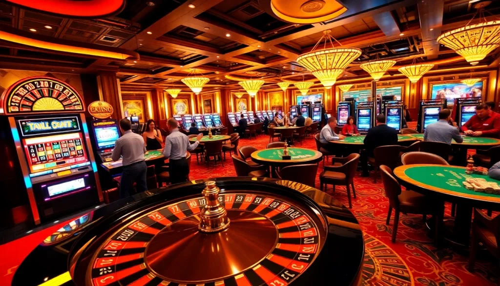 Exciting gaming action at rr88.com casino with players at roulette and slot machines.