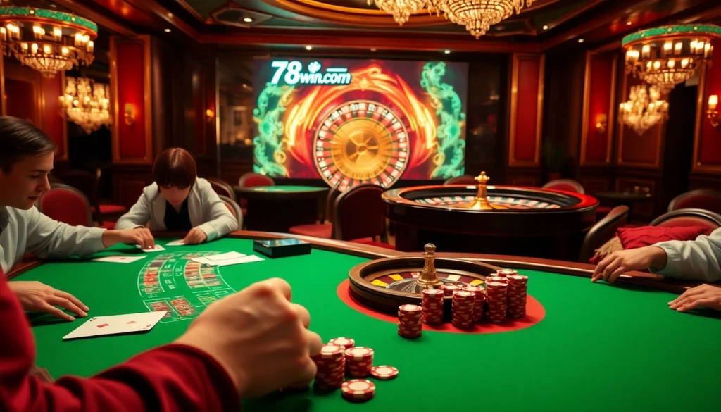 Experience the thrill of gambling at 78win. com's luxurious casino tables filled with intense poker action.